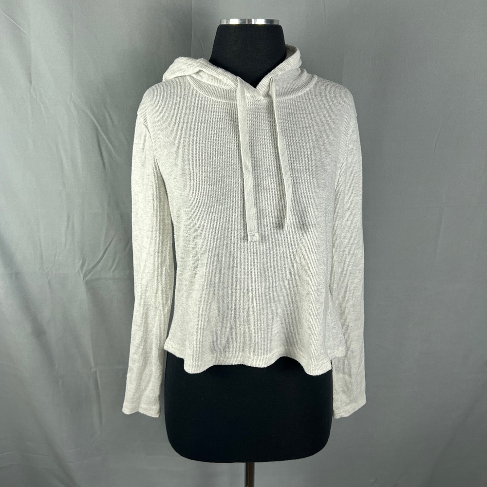 Faded Rose Cropped Hoodie Women Large White Stretch Waffle Knit Relaxed Pullover